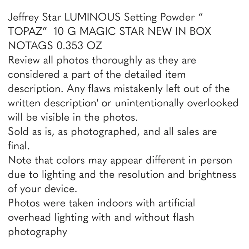 Jeffrey Star LUMINOUS Setting Powder “ TOPAZ” 10 G MAGIC STAR NEW In Box No Tag